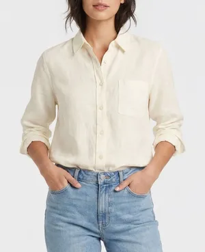 White Tie Back Button Down Shirt Long Sleeve Collared Blouse Chest Pocket thumbnail 1