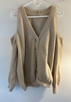 Tan Beige Cold Shoulder Button Front Cardigan Knit Sweater 3XL Size 3X thumbnail 1