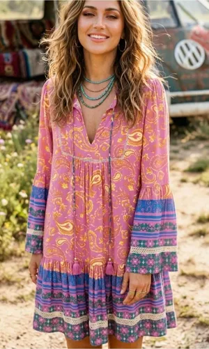 Coco + Carmen Boho Paisley Tunic Dress Pink Blue Tassel Tie Size L/XL Hippie thumbnail 1