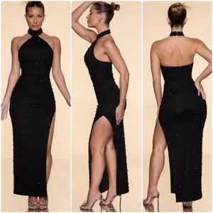 Oh Polly Positano Embellished High Neck Split Maxi Dress in Black Size 4 New thumbnail 2