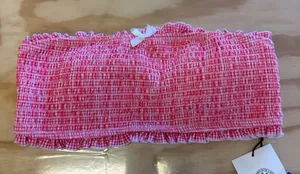 NWT CIDER Red Gingham Smocked Bandeau Swim Bikini Top Ruffle‎ Size L thumbnail 1