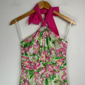 Lilly Pulitzer Floral Midi Dress Sz 2 Cotton Silk Blend Halter Neck Bow Tie Back thumbnail 3