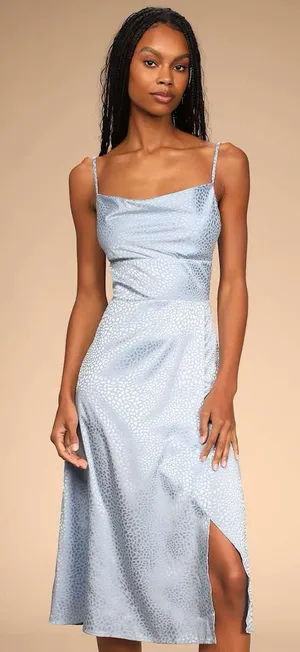 NWT Lulus | Fiercely Chic Light Blue Satin Jacquard Print Cowl Midi Dress, S thumbnail 1
