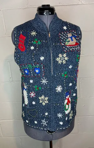 christmas sweater vest snowmen snowflakes beaded Blue Size M thumbnail 1