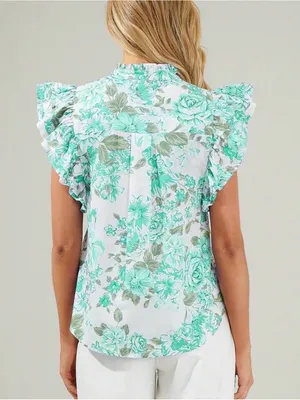 Floral Ruffle Sleeve Button-Up Blouse in Mint Green thumbnail 2