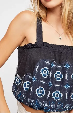 Free People Love Life Bubble Top Womens Size Medium Linen Blend Blue Boho thumbnail 1