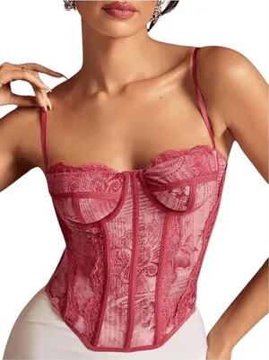 Floral Lace Corset Crop Top Mesh Camisole Backless thumbnail 1