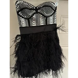 Bebe XS Black Studded Bustier Feather Mini Dress Strapless Glam thumbnail 2