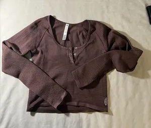 FP Movement Free People Thermal Henley Top • Brown Waffle Knit Long Sleeve thumbnail 1