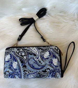 Small Blue Paisley Wristlet Clutch with Removable Strap thumbnail 1