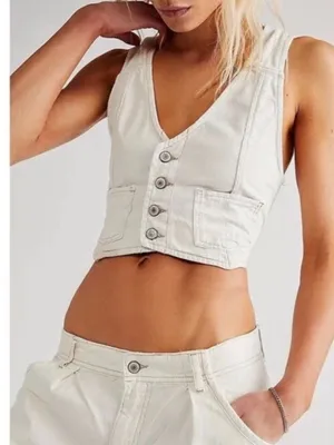 Free People Rider Denim Vest - Cropped Button Front, Ivory, Boho Western size XS thumbnail 1