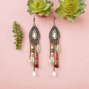 Boho Vintage Style Beaded Fringe Dangle Chain Feather Earrings *Faux Fashion Je thumbnail 2