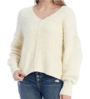 Free People Fuzzy‎ Soft Ivory V Neck Sweater thumbnail 1