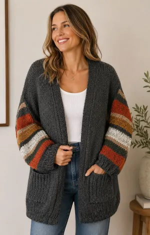 Davi & Dani Charcoal Grey Chunky Knit Striped Balloon‎ Sleeve Cardigan Medium thumbnail 1