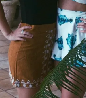 Tan Suede Mini Skirt With White Embroidery thumbnail 2