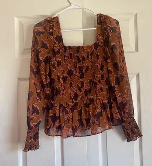 Nine West size medium brown purple floral sheer smocked long sleeve blouse thumbnail 1