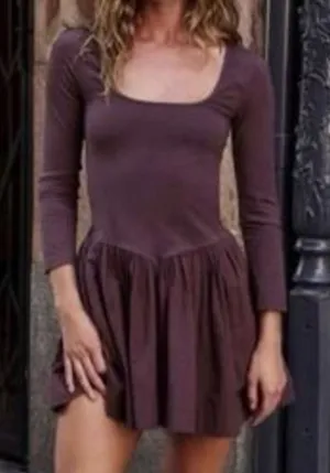 Free People Onda 3/4 Sleeve Square Neck Drop Waist Mini Dress Brown Large thumbnail 1