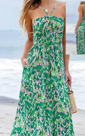 Cupshe Green Pink Abstract Beach Strappy Keyhole Summer Maxi Dress thumbnail 1