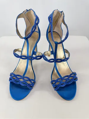 Belle Badgley Mischka Cobalt Blue Beaded Satin T-Strap Heels‎ Size 7 thumbnail 4