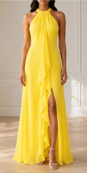 NWT Meghan LA Aphrodite Maxi Dress Size Medium Yellow Halter Ruffle Slit Gown thumbnail 1