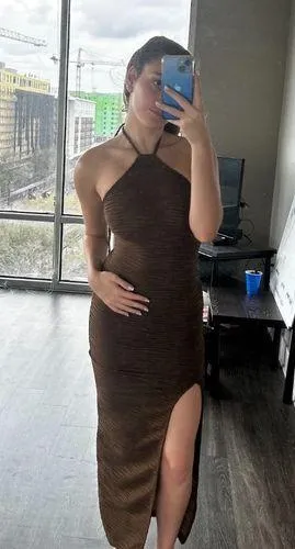 Brown bodycon form fitting swirl raised pattern Halter maxi Dress with slit thumbnail 1