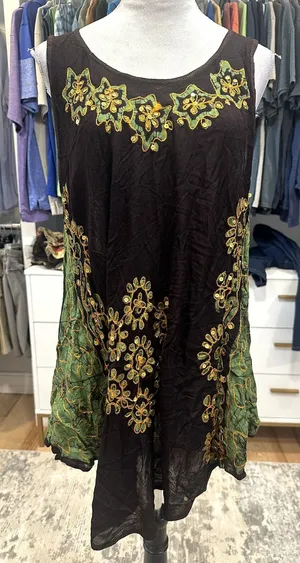 Sunflower Women's Sleevelss Tunic Dress Black Yellow Floral OS Semi Sheer thumbnail 1
