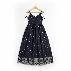 En Saison Womens Midi Dress Size S Navy White Cotton Embroidered Hem Tie-Straps thumbnail 7