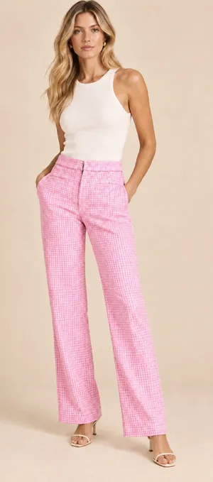Zara Pink/White White Gingham Tweed-Like High Rise Skinny Bootcut Dress Pants M thumbnail 1