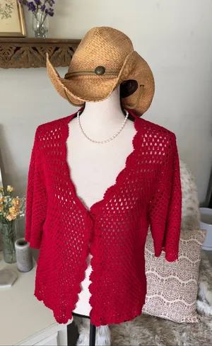 Norm Thompson red linen cotton, crochet knit, 3/4 sleeve sweater cardigan XL thumbnail 1