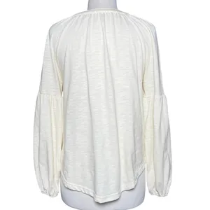 Women’s Boho Embroidered Popover Split Neck Cream Long Sleeve Top thumbnail 7