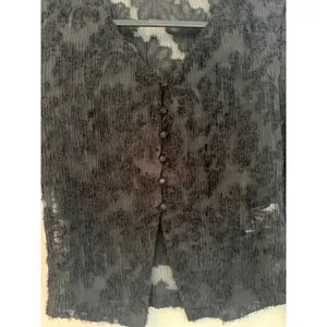 Commense Black Sheer Eyelash Textured‎ Button Up Top Long Flare Sleeve XS thumbnail 2