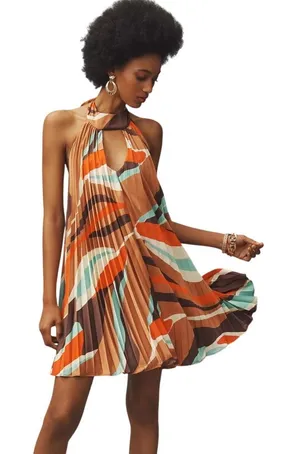Hutch Anthropologie Halter Pleated Swing Mini Dress Geo Print Brown Size Large thumbnail 1