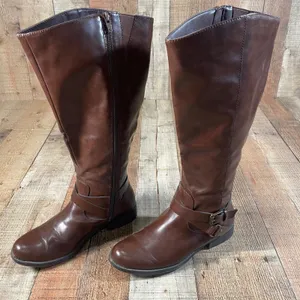 Style & Co Elenorr Brown Knee High Riding Boots Women's 8M Wide Calf Buckle thumbnail 1