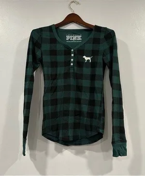 Victoria’s Secret PINK Green Plaid Sleep Shirt Small S thumbnail 1