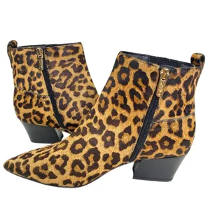 Franco Sarto Leopard Calf Hair Ankle Boots Womens 7 Tan Pointed‎ Toe Block Heel thumbnail 4