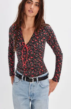 Free People Abundance Long Sleeve Top Black Floral Size Medium NWOT thumbnail 1