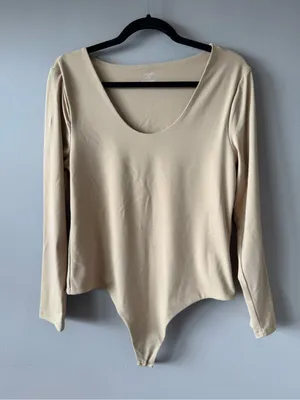 Nuuds Nude Scoop Neck Long Sleeve Nylon Spandex Thong Snap Bodysuit Size XL thumbnail 1