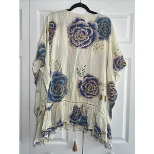 ZL Made With Love Floral Kaftan Top Womens OS Cream Blue Boho Tassel Rayon OS thumbnail 6