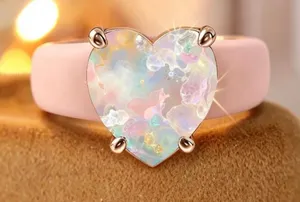 Exquisite Women's Ring with Dreamy Iridescent Heart, Gentle Pink Band thumbnail 1