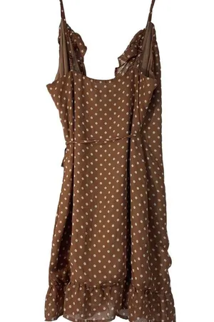LIONESS Caliente Ruffle Wrap Dress Brown White Polka Dot NWOT Womens Large thumbnail 4