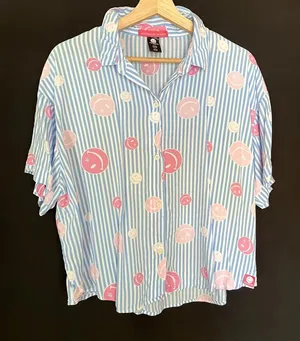 Joe Boxer Sleepwear women's XL rayon short sleeved button down‎ blue smiley face thumbnail 1