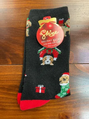 New Holiday Labradoodle Dog Pattern Crew Socks - Black/Red- Shoe Size 5-10 thumbnail 1