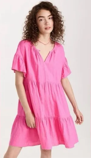 Velvet Noor Linen Ruffle Mini Dress in Tahini‎ Pink Sz M oversized fit C25 thumbnail 1