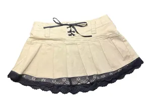 EDIKTED Cream Pleated Mini Skirt with Black Lace Trim thumbnail 1