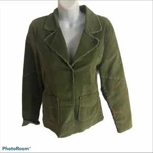 Anthropologie One Girl Who Olive Green Corduroy Career Blazer M Textured Trim thumbnail 2