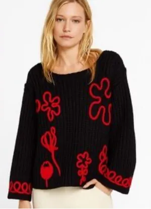POL Black Boho Knit Sweater with Red Floral Accents. Size-Medium thumbnail 1