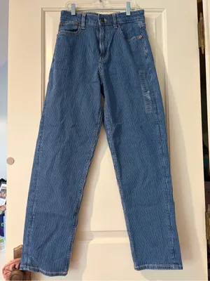 NWT American Eagle High-Rise Baggy Straight Pinstripe Denim Blue Jeans Size 000 thumbnail 1