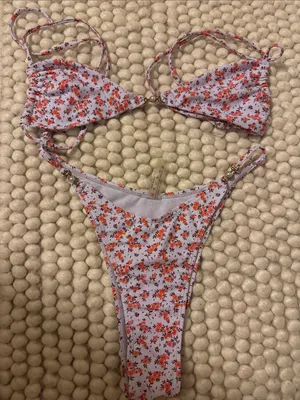 SHEIN White Triangle Bikini with Orange Floral Print thumbnail 1