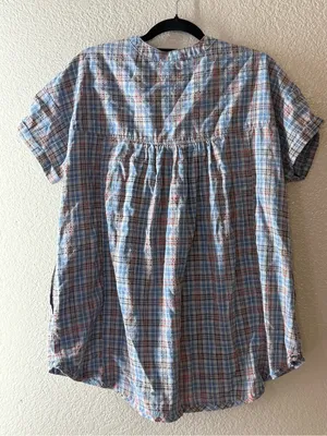 Easel Blue Plaid Babydoll Tunic Top S Oversized Boho Cottagecore Peasant thumbnail 5