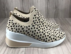 Gianni Bini Beige & Black Leopard Knit Slip-On Platform Sneakers Size 8 thumbnail 1